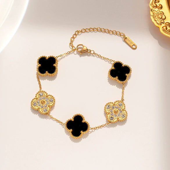 Women's Simple Flower Pattern Titanium Steel Bracelet With Gold Inlaid Four Leaf Clover Design