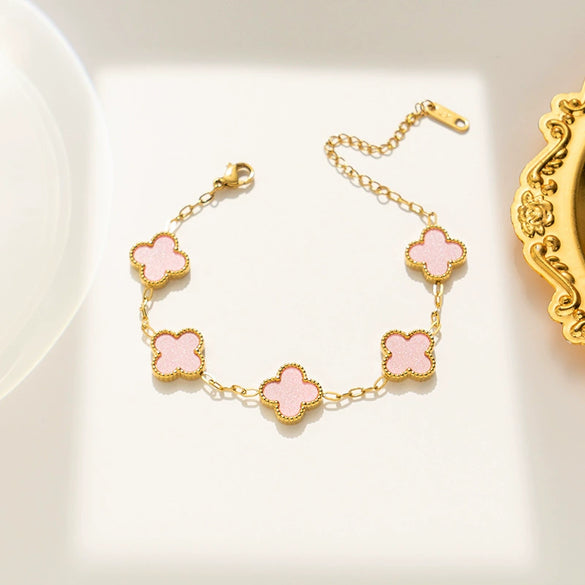 Women's Simple Flower Pattern Titanium Steel Bracelet With Gold Inlaid Four Leaf Clover Design