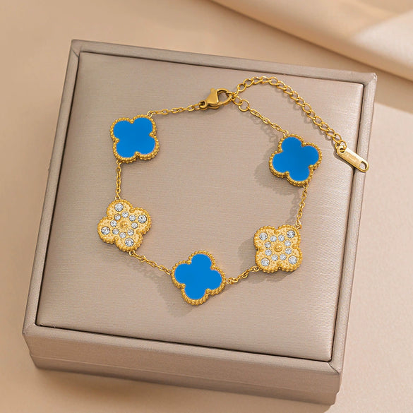 Women's Simple Flower Pattern Titanium Steel Bracelet With Gold Inlaid Four Leaf Clover Design
