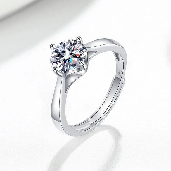 Women's Simple Four Prong Sterling Silver Geometric Ring With Electroplated Stone Accent Adjustable Open Ring