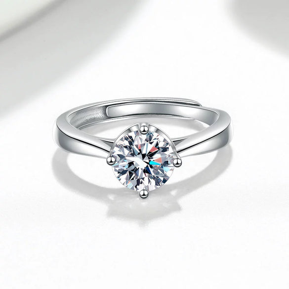 Women's Simple Four Prong Sterling Silver Geometric Ring With Electroplated Stone Accent Adjustable Open Ring