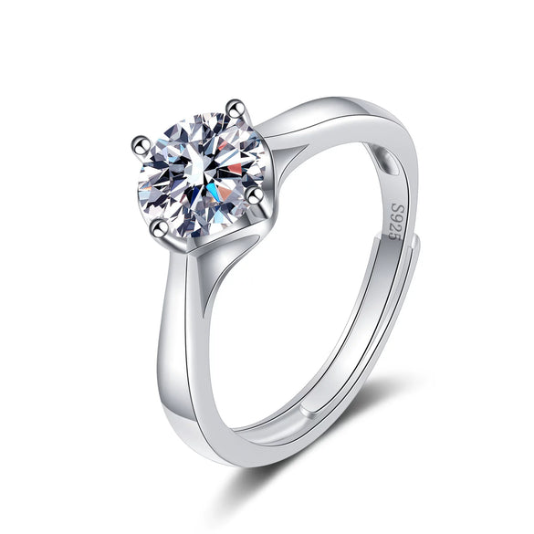 Women's Simple Four Prong Sterling Silver Geometric Ring With Electroplated Stone Accent Adjustable Open Ring