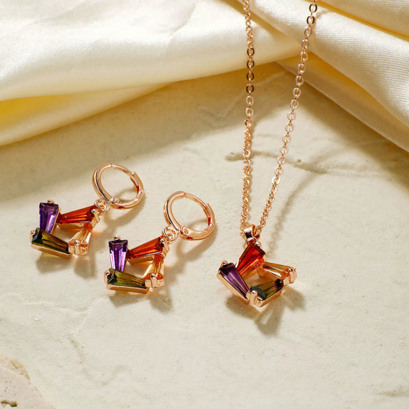 Women's Simple Geometric Copper Necklace And Earrings Set With Zircon Crystal Pendant Bridal Jewelry