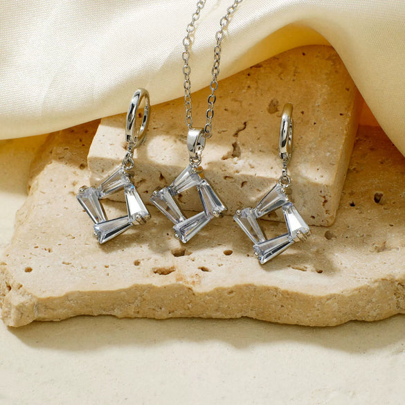 Women's Simple Geometric Copper Necklace And Earrings Set With Zircon Crystal Pendant Bridal Jewelry