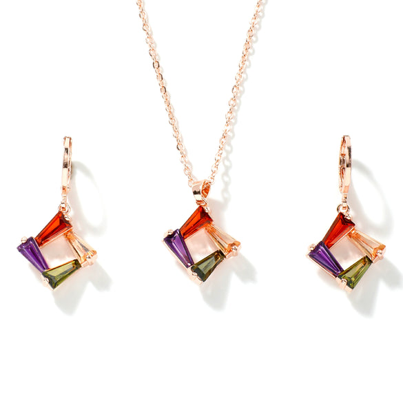 Women's Simple Geometric Copper Necklace And Earrings Set With Zircon Crystal Pendant Bridal Jewelry