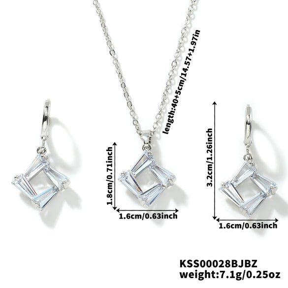 Women's Simple Geometric Copper Necklace And Earrings Set With Zircon Crystal Pendant Bridal Jewelry