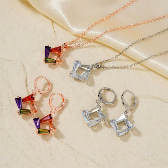 Women's Simple Geometric Copper Necklace And Earrings Set With Zircon Crystal Pendant Bridal Jewelry
