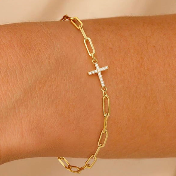 Women's Simple Geometric Copper Paperclip Cross Bracelet With Zircon Inlay And Electroplated Finish Fashion Jewelry Gift