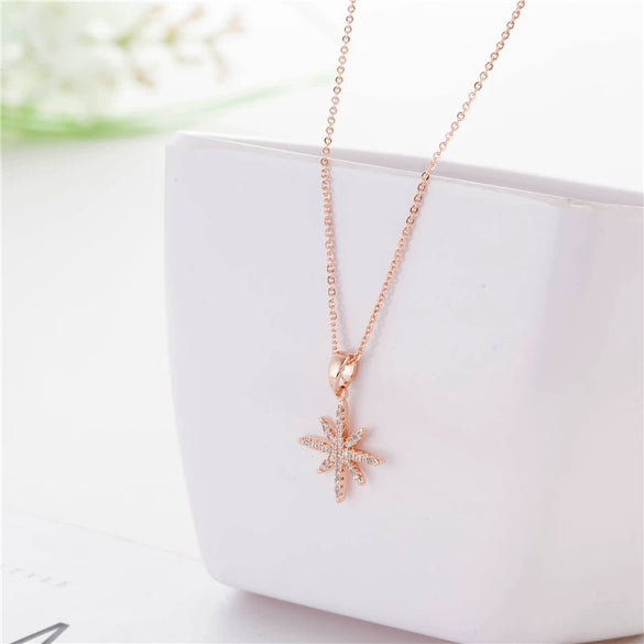 Women's Simple Geometric Copper Pendant Necklace With Rose Gold Tone Zircon Micro Inlay And Cross Chain