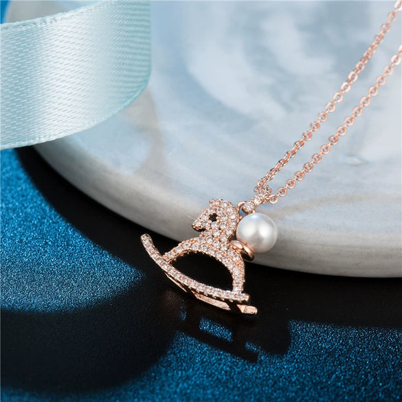 Women's Simple Geometric Copper Pendant Necklace With Rose Gold Tone Zircon Micro Inlay And Cross Chain