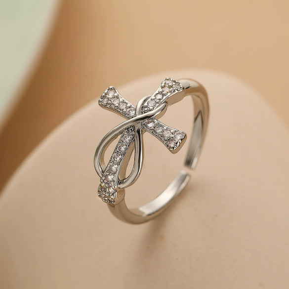 Women's Simple Geometric Copperplated Real Gold Zircon Cross Open Ring With Micro Inlay