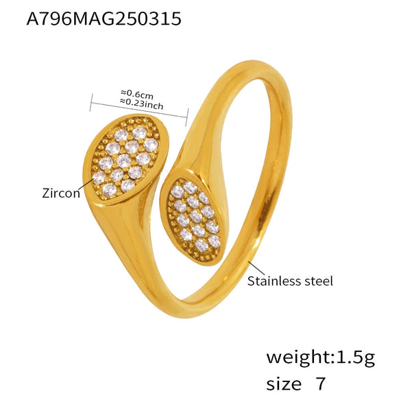 Women's Simple Geometric Irregular High Texture Zircon Design Opening 316L Stainless Steel Gold Plated Finger Ring