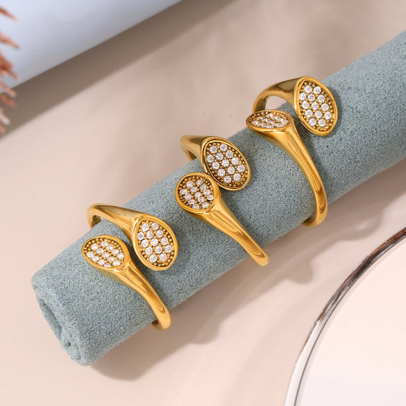 Women's Simple Geometric Irregular High Texture Zircon Design Opening 316L Stainless Steel Gold Plated Finger Ring
