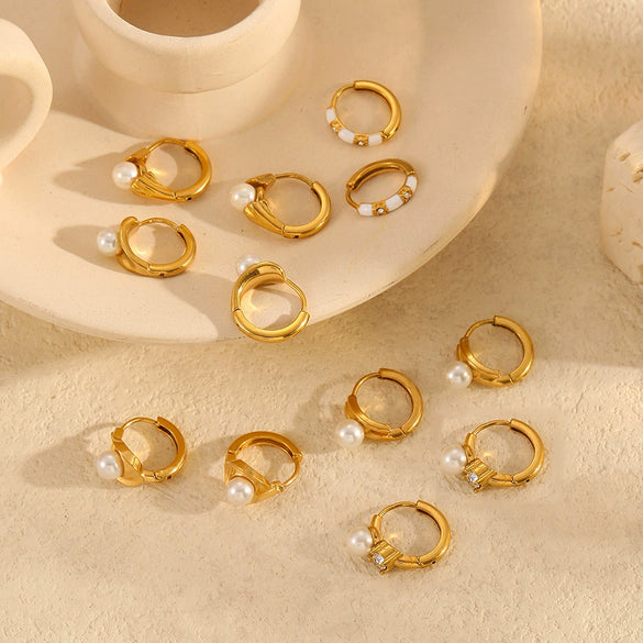 Women's Simple Geometric Stainless Steel Earrings With Inlaid Pearl And Electroplating