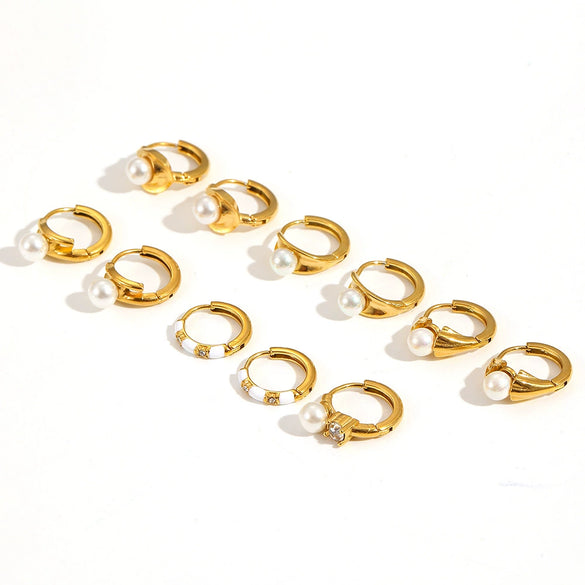 Women's Simple Geometric Stainless Steel Earrings With Inlaid Pearl And Electroplating