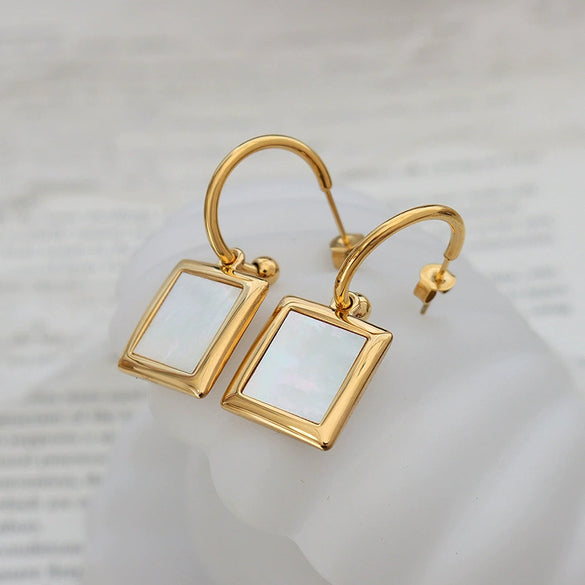 Women's Simple Geometric 316L Stainless Steel Earrings Inlaid With White Sea Shells And Square Pendant