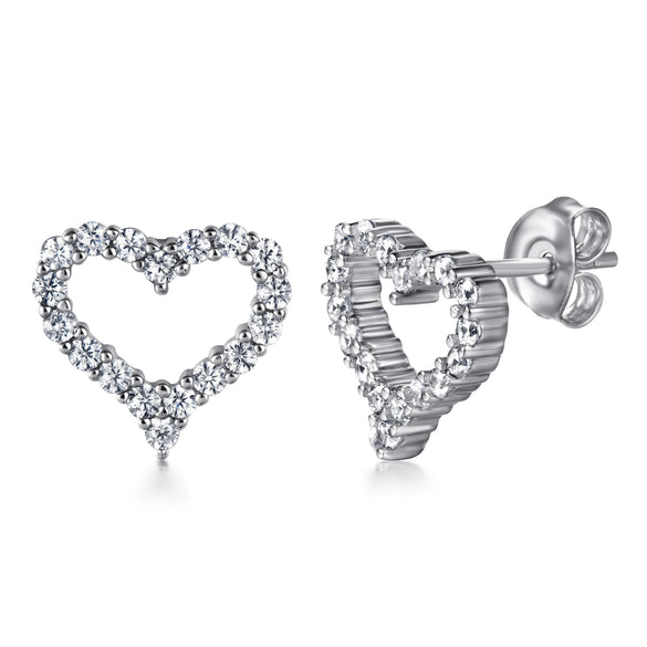 Women's Simple Heart Shaped Sterling Silver Stud Earrings With Zircon And Pearl Electroplated Bow Design