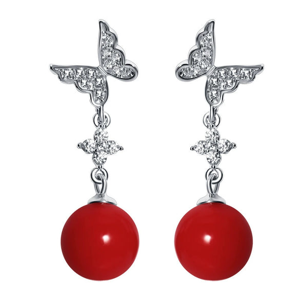 Women's Simple Heart Shaped Sterling Silver Stud Earrings With Zircon And Pearl Electroplated Bow Design