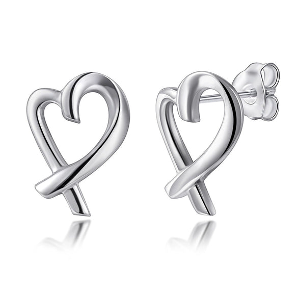 Women's Simple Heart Shaped Sterling Silver Stud Earrings With Zircon And Pearl Electroplated Bow Design