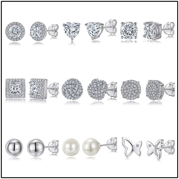 Women's Simple Heart Shaped Sterling Silver Stud Earrings With Zircon And Pearl Electroplated Bow Design