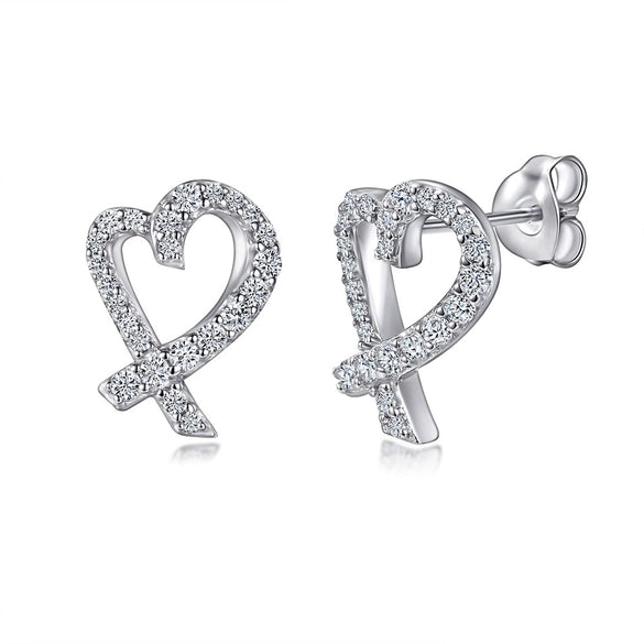 Women's Simple Heart Shaped Sterling Silver Stud Earrings With Zircon And Pearl Electroplated Bow Design