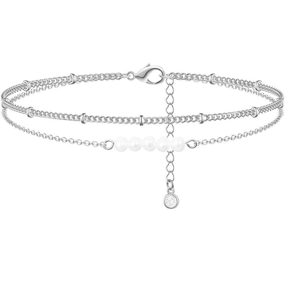Women's Simple Layered Anklet With Cross And Evil Eye Geometric Charms Pearl Detail And Gold Plated Artificial Gemstone Inlay