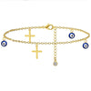 Women's Simple Layered Anklet With Cross And Evil Eye Geometric Charms Pearl Detail And Gold Plated Artificial Gemstone Inlay