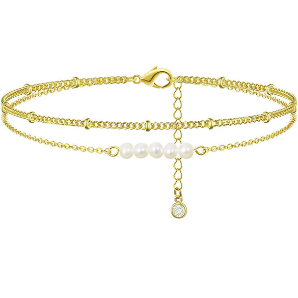 Women's Simple Layered Anklet With Cross And Evil Eye Geometric Charms Pearl Detail And Gold Plated Artificial Gemstone Inlay