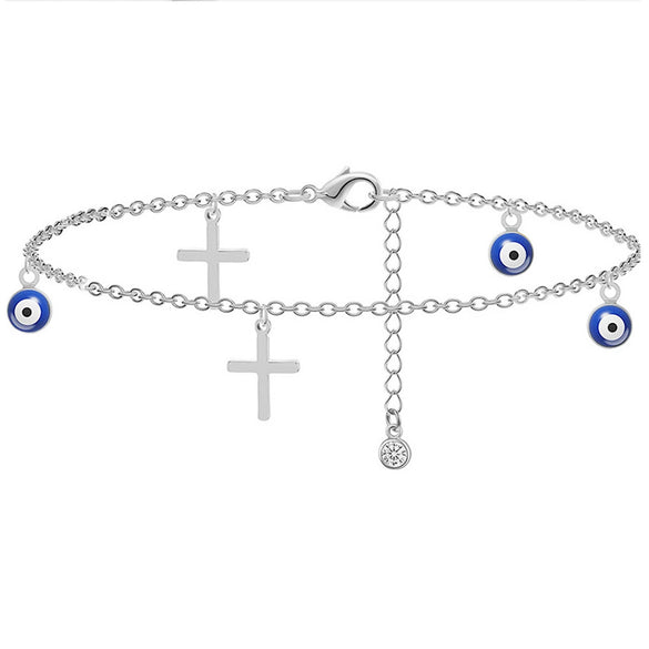 Women's Simple Layered Anklet With Cross And Evil Eye Geometric Charms Pearl Detail And Gold Plated Artificial Gemstone Inlay