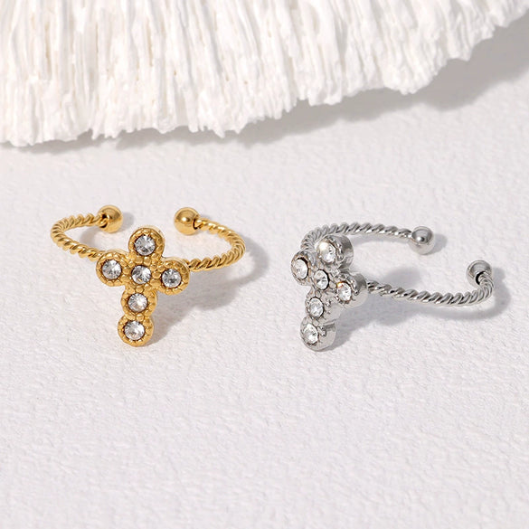 Women's Simple Light Luxury Gold Plated Stainless Steel Ring With Cross Opening And Color Diamond Electroplated