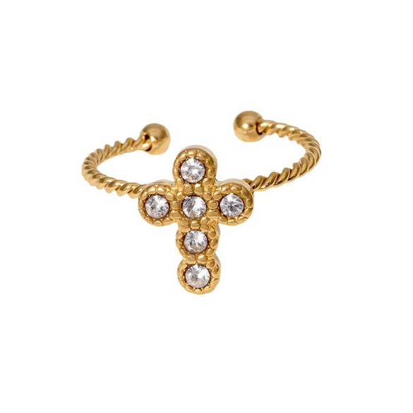 Women's Simple Light Luxury Gold Plated Stainless Steel Ring With Cross Opening And Color Diamond Electroplated