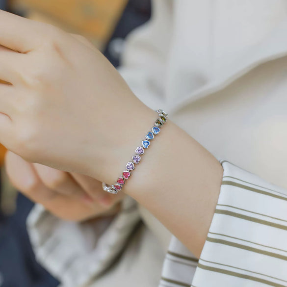 Women's Simple Light Luxury S925 Silver Love Rainbow Zircon Bracelet With Geometric Pattern And Diamond Design