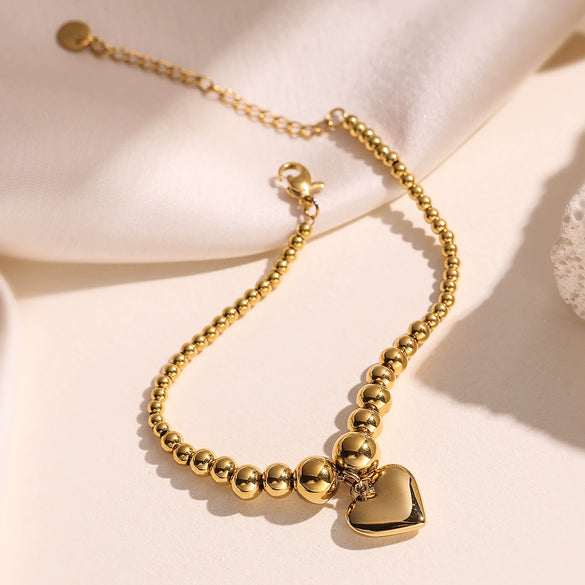 Women's Simple Metal Style Heart Geometric Pattern Stainless Steel Beaded Bracelet With Electroplating