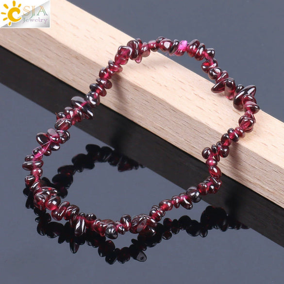 Women's Simple Natural Stone Crystal Chip Bead Bracelet With Elastic String Red Garnet Style