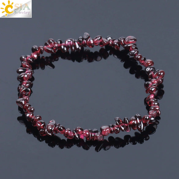 Women's Simple Natural Stone Crystal Chip Bead Bracelet With Elastic String Red Garnet Style