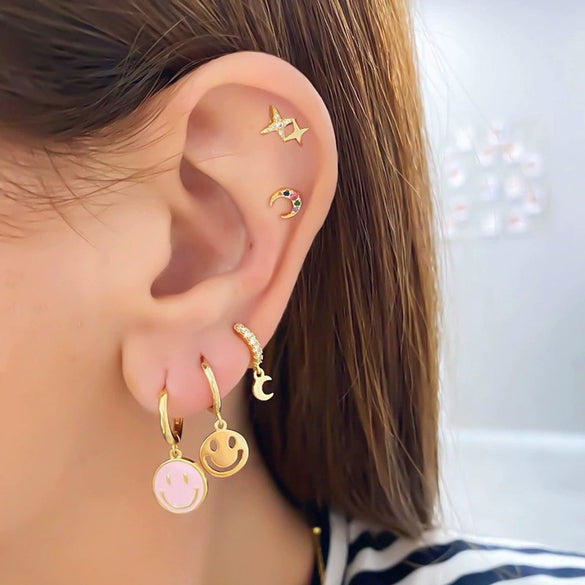 Women's Simple Smiley Face Geometric Earrings With Silver Needle Copper And Color Enamel Electroplated Ear Buckle Design