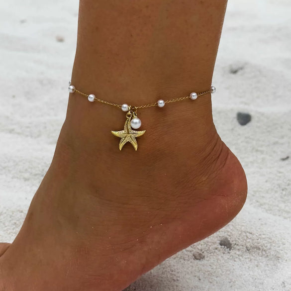 Women's Simple Stainless Steel Anklet With Starfish Pendant And Imitation Freshwater Pearl Cute Fashion Foot Jewelry