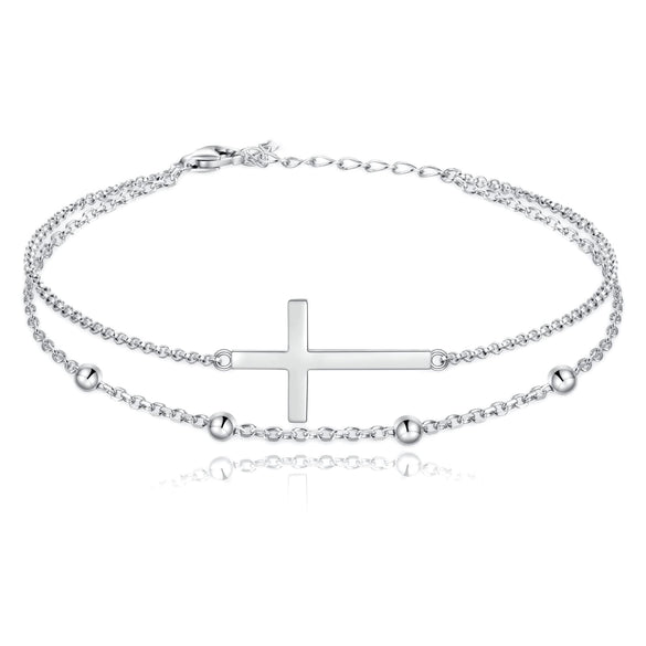 Women's Simple Stainless Steel Double Layer Cross Anklet With Round Bead Chain Fashion Layered Ankle Bracelet