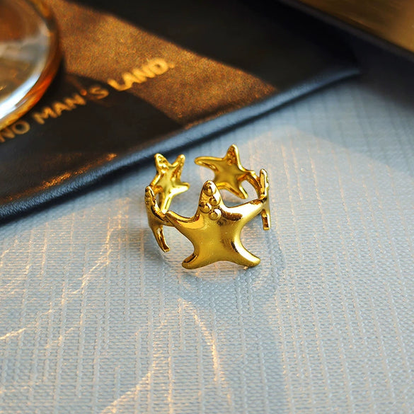 Women's Simple Starfish Dot Retro Light Luxury Open Ring Titanium Steel Electroplating