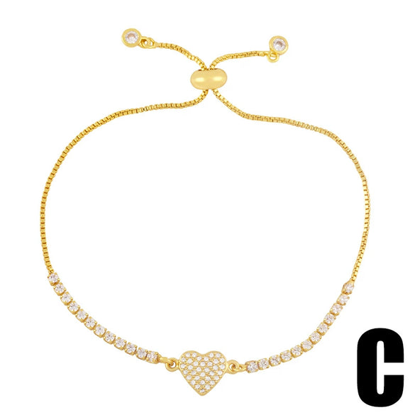 Women's Simple Stylish Copper Goldplated Inlaid Artificial Gem And Semiprecious Stone Heart Shape Cross Pull Bracelet Inlaid Zircon