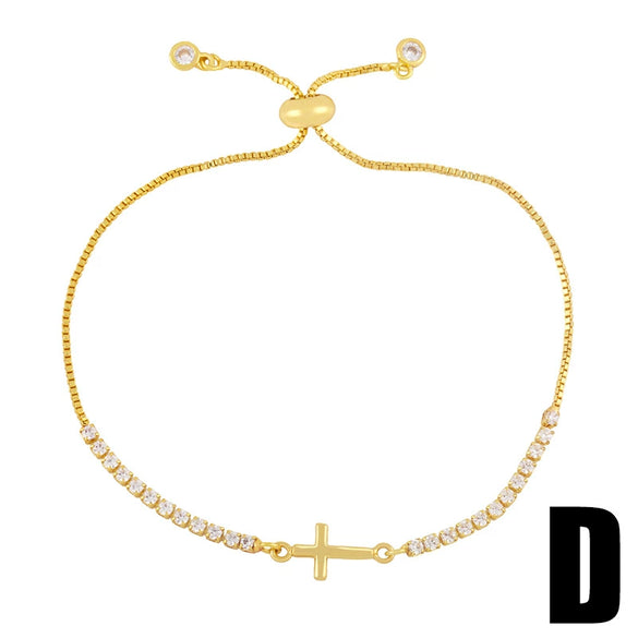 Women's Simple Stylish Copper Goldplated Inlaid Artificial Gem And Semiprecious Stone Heart Shape Cross Pull Bracelet Inlaid Zircon