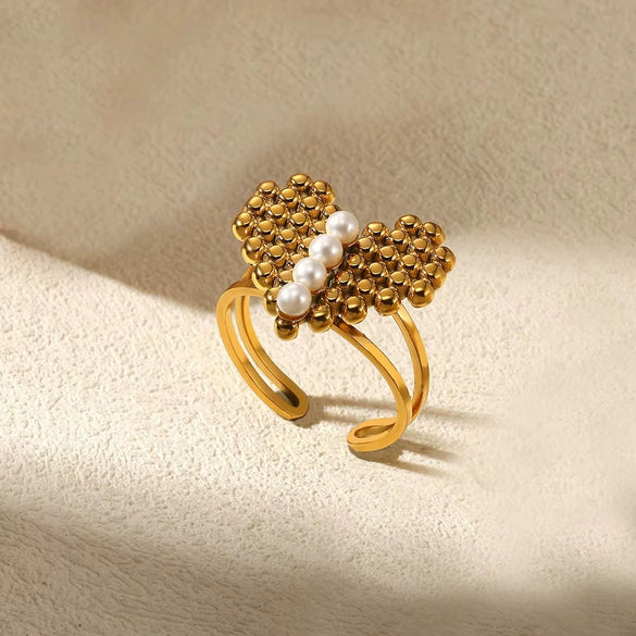 Women's Simple Titanium Steel And Imitation Pearl Ring With Geometric Heart Flower And Bow Patterns 18K Goldplated
