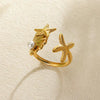 Women's Simple Titanium Steel And Imitation Pearl Ring With Geometric Heart Flower And Bow Patterns 18K Goldplated