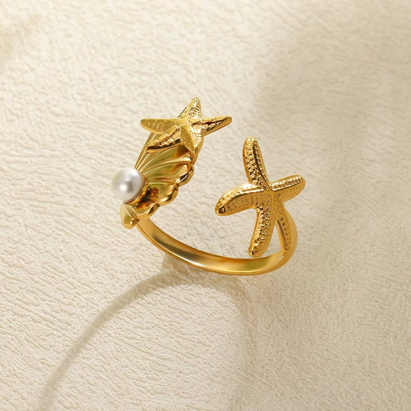 Women's Simple Titanium Steel And Imitation Pearl Ring With Geometric Heart Flower And Bow Patterns 18K Goldplated
