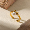Women's Simple Titanium Steel And Imitation Pearl Ring With Geometric Heart Flower And Bow Patterns 18K Goldplated