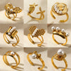 Women's Simple Titanium Steel And Imitation Pearl Ring With Geometric Heart Flower And Bow Patterns 18K Goldplated