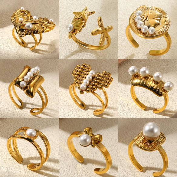 Women's Simple Titanium Steel And Imitation Pearl Ring With Geometric Heart Flower And Bow Patterns 18K Goldplated