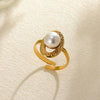 Women's Simple Titanium Steel And Imitation Pearl Ring With Geometric Heart Flower And Bow Patterns 18K Goldplated
