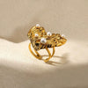 Women's Simple Titanium Steel And Imitation Pearl Ring With Geometric Heart Flower And Bow Patterns 18K Goldplated