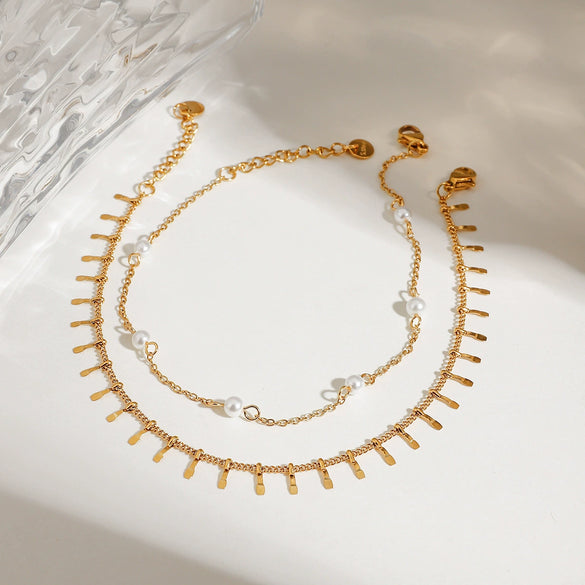 Women's Simple Trendy Freshwater Pearl Doublelayer Titanium Steel Geometric Anklet